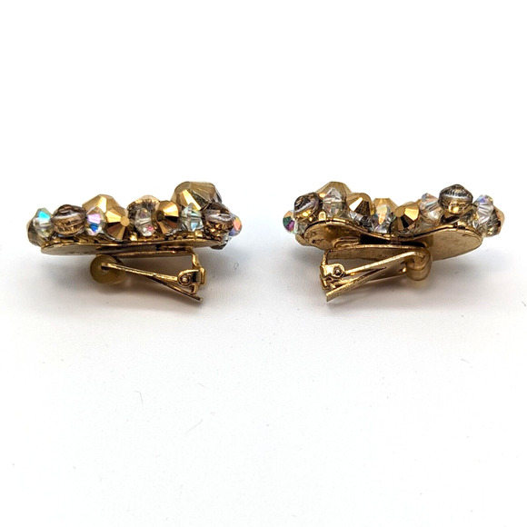 Hobe Gold Beaded AB Aurora Borealis Crystal Crescent Earrings Signed Vintage - Picture 9 of 10